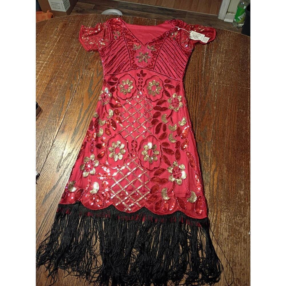 New Small ZIB Embellished Red Gold Flapper Gatsby Prom Wedding Cruise Dress